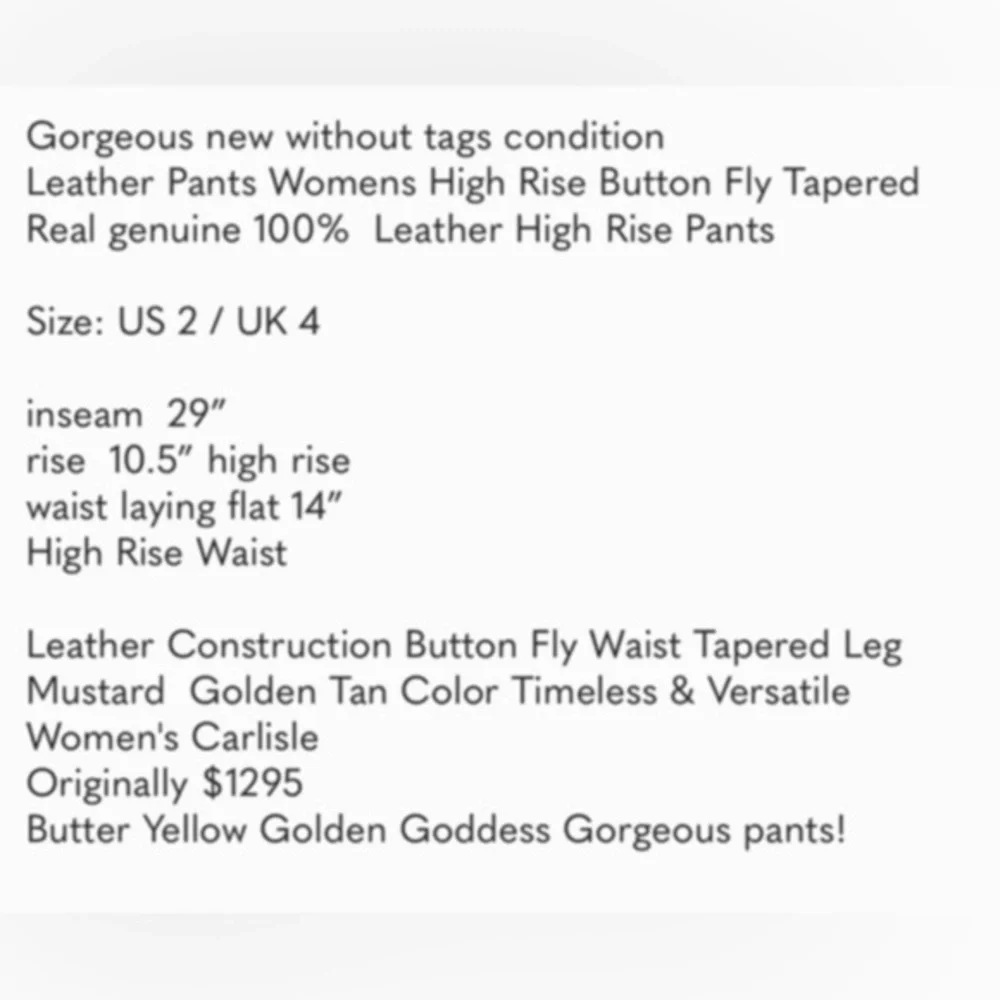 100% Real leather pants mustard golden yellow designer vintage pants high waist
